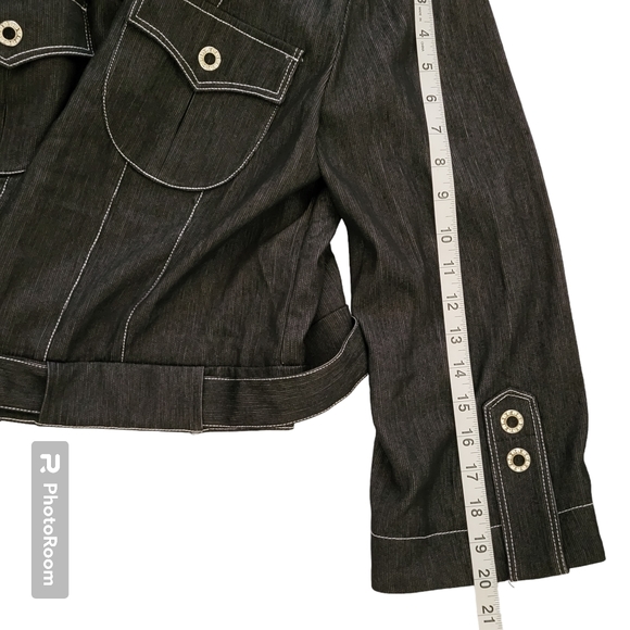 Svetlana Denim Black Jacket Size 16 with White Stitching Belt Silver  Buttons - Picture 9 of 11